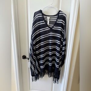 Chico’s Zenergy 100% Linen Striped Poncho Top L/XL NWT Fringe Navy White